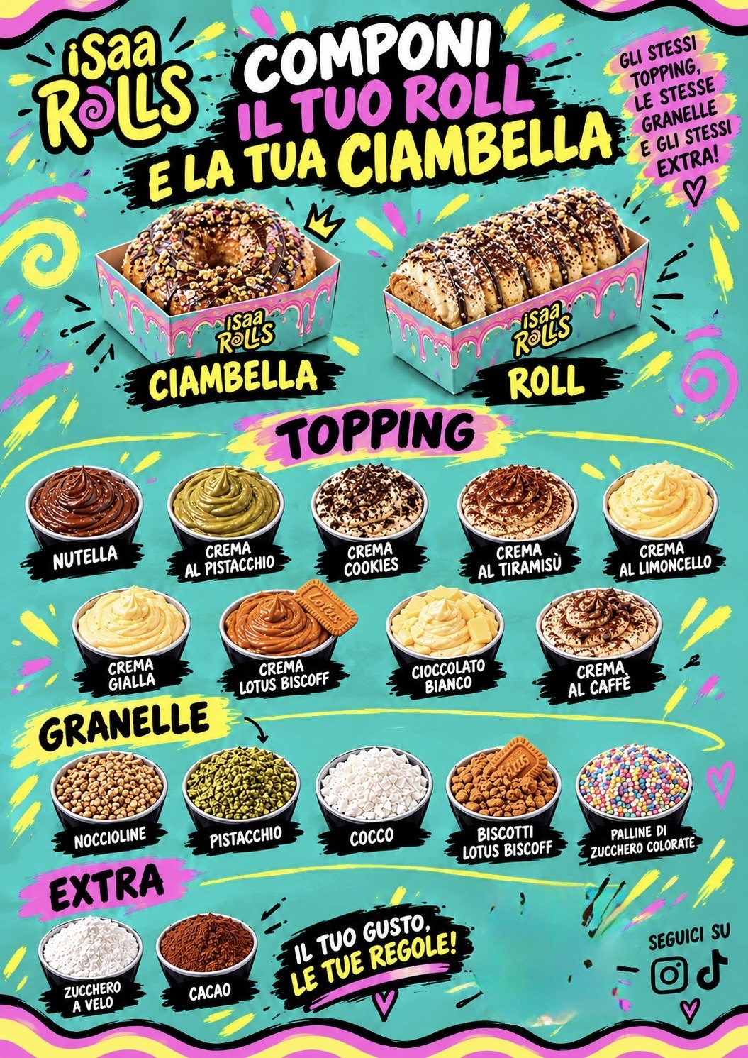 Componi il tuo roll e la tua ciambella: topping, granelle, extra